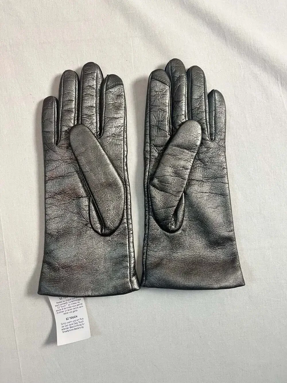 Lands' End NWT EZ Touch Leather Cashmere Lined Gloves Pewter Metallic Size L